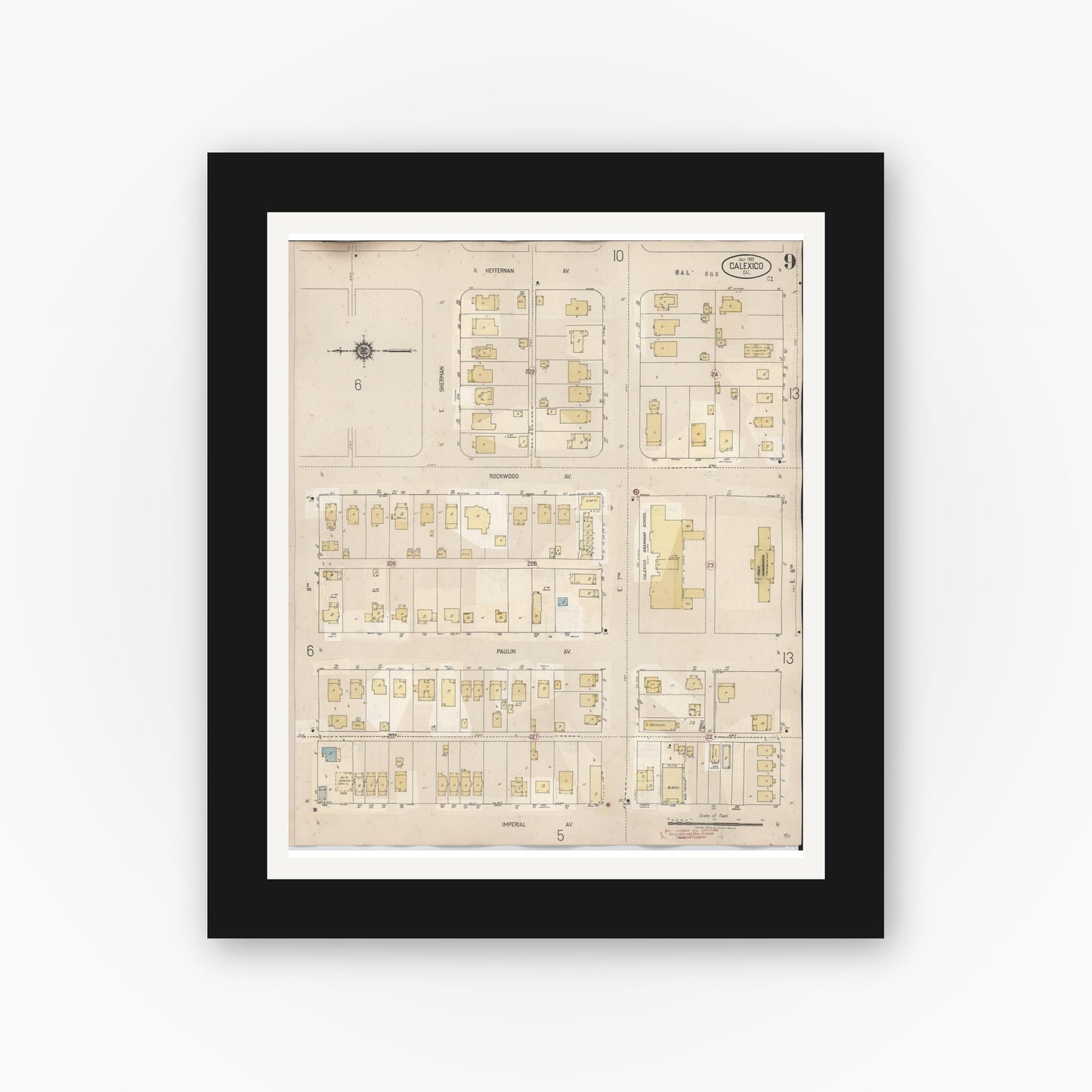 Old map wall art mockup — black gallery frame with white mat — Sanborn Fire Insurance Map from Calexico, Imperial County, California (1949), Sheet #0009
