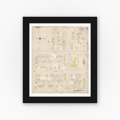 Old map wall art mockup — black gallery frame with white mat — Sanborn Fire Insurance Map from Calexico, Imperial County, California (1949), Sheet #0009