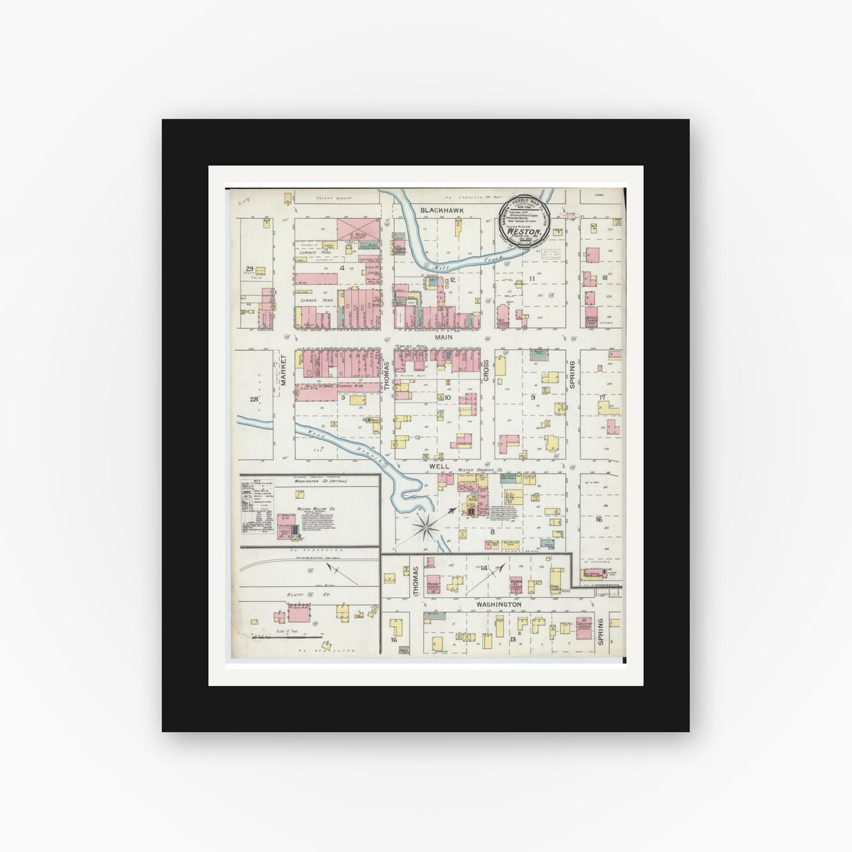 Old map wall art mockup — black gallery frame with white mat — Sanborn Fire Insurance Map from Weston, Platte County, Missouri (1892), Sheet #0001