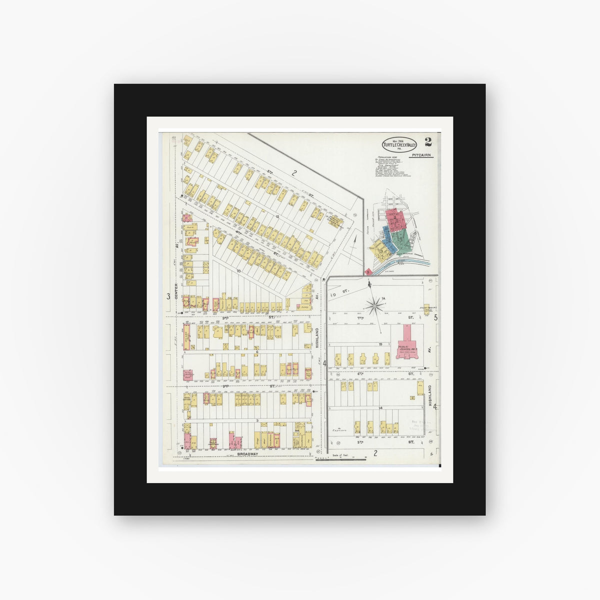 Old map wall art mockup — black gallery frame with white mat — Sanborn Fire Insurance Map from Turtle Creek Valley, Allegheny County, Pennsylvania (1906), Sheet #0002