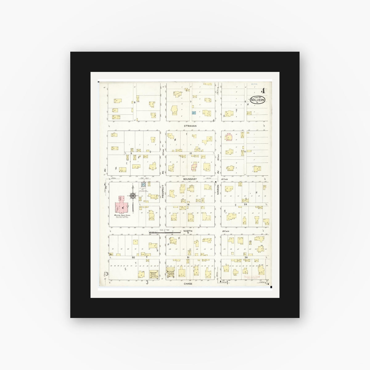 Old map wall art mockup — black gallery frame with white mat — Sanborn Fire Insurance Map from Malvern, Mills County, Iowa (1914), Sheet #0004