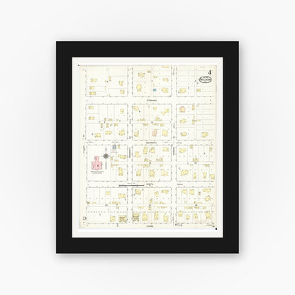Old map wall art mockup — black gallery frame with white mat — Sanborn Fire Insurance Map from Malvern, Mills County, Iowa (1914), Sheet #0004