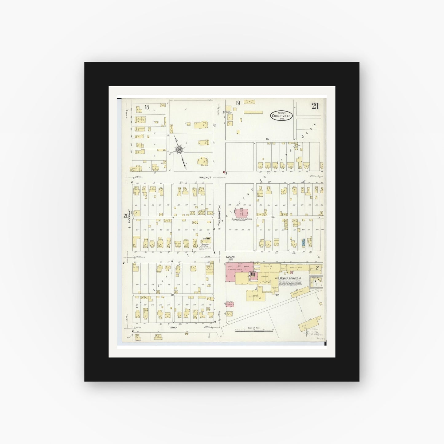 Old map wall art mockup — black gallery frame with white mat — Sanborn Fire Insurance Map from Circleville, Pickaway County, Ohio (1914), Sheet #0021