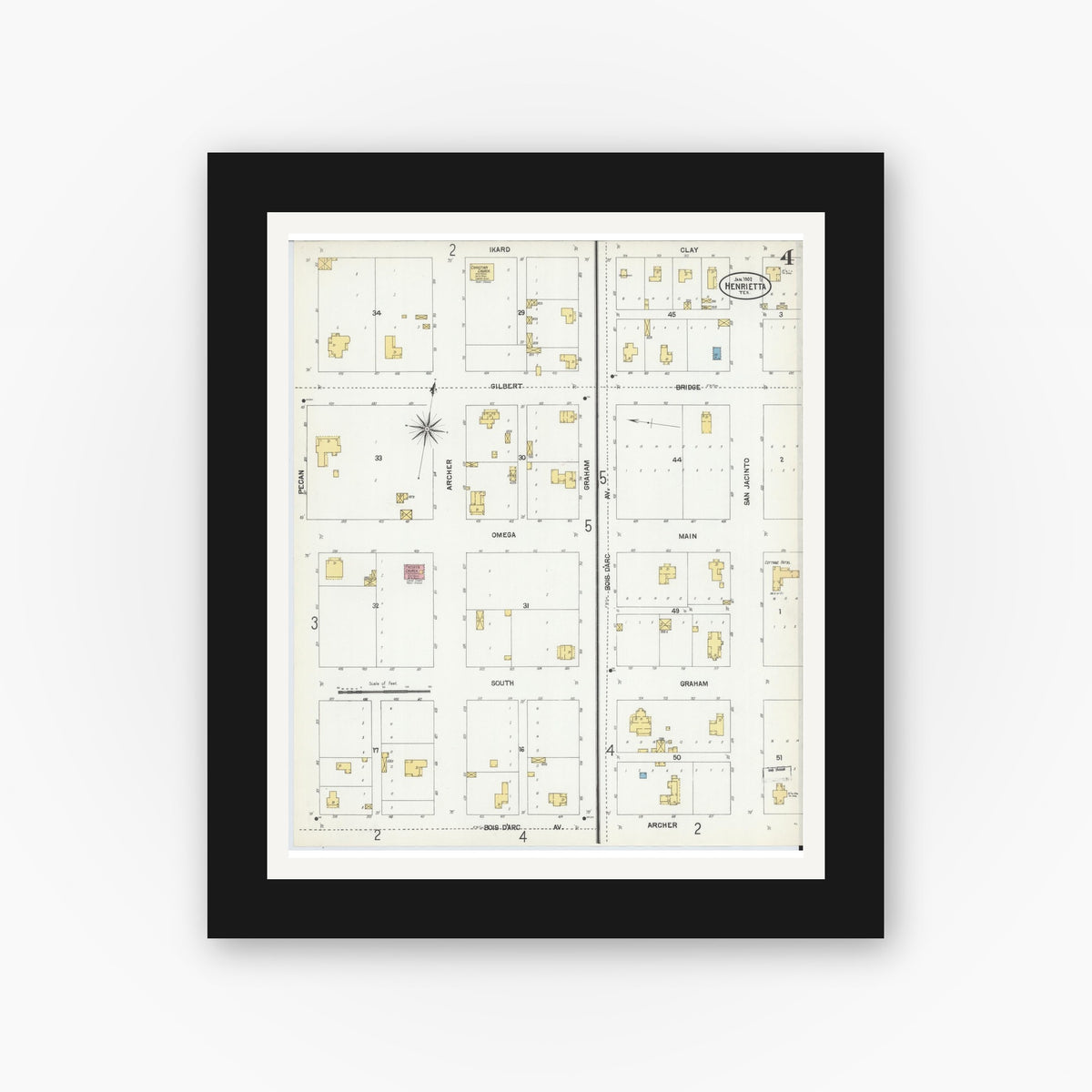 Old map wall art mockup — black gallery frame with white mat — Sanborn Fire Insurance Map from Henrietta, Clay County, Texas (1902), Sheet #0004