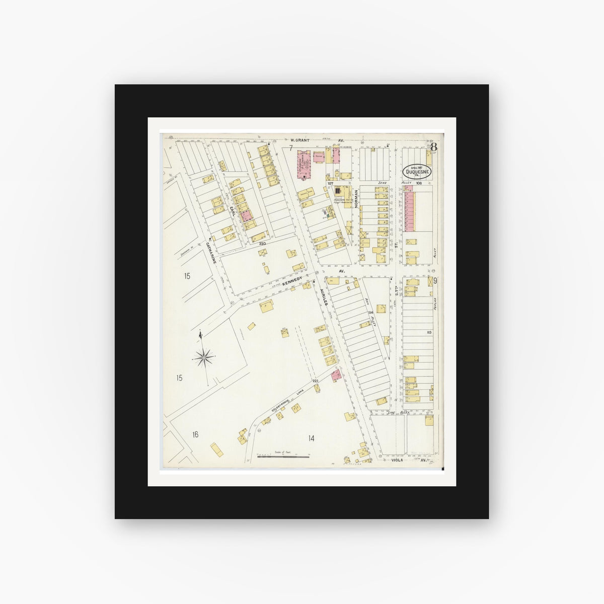Old map wall art mockup — black gallery frame with white mat — Sanborn Fire Insurance Map from Duquesne, Allegheny County, Pennsylvania (1907), Sheet #0008