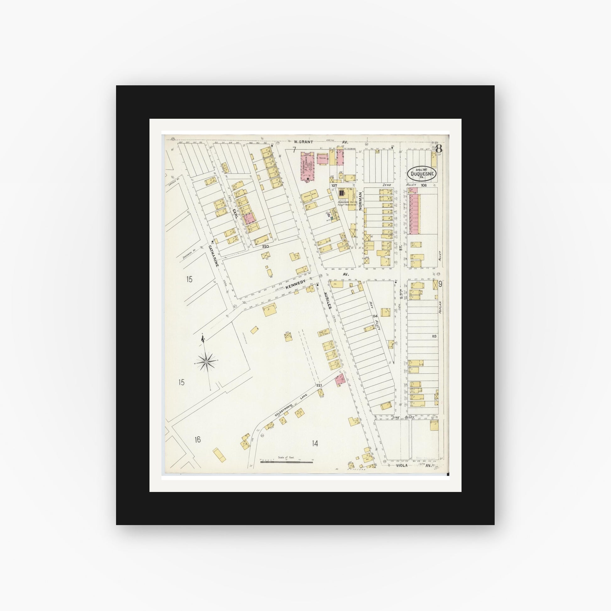 Old map wall art mockup — black gallery frame with white mat — Sanborn Fire Insurance Map from Duquesne, Allegheny County, Pennsylvania (1907), Sheet #0008