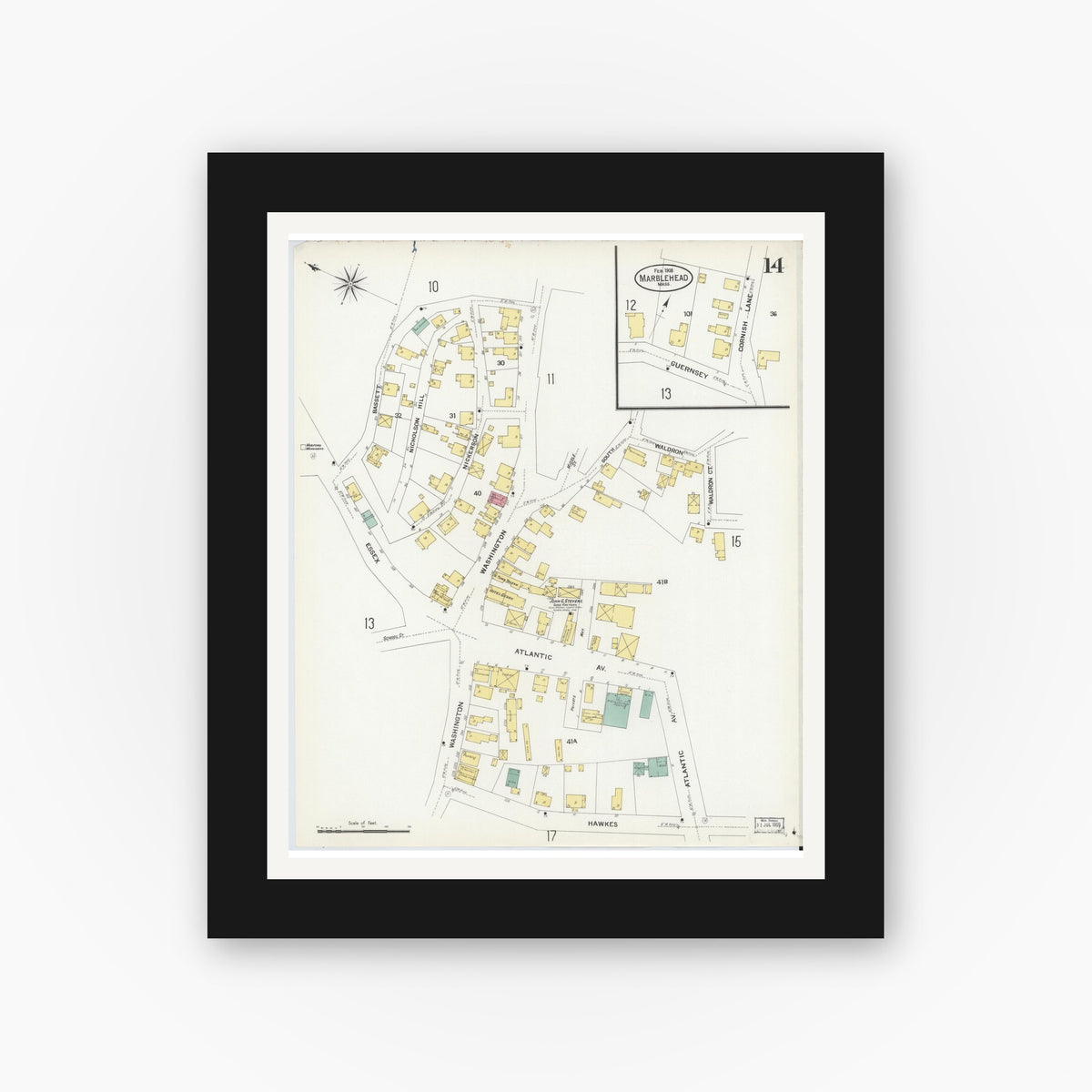 Old map wall art mockup — black gallery frame with white mat — Sanborn Fire Insurance Map from Marblehead, Essex County, Massachusetts (1908), Sheet #0014