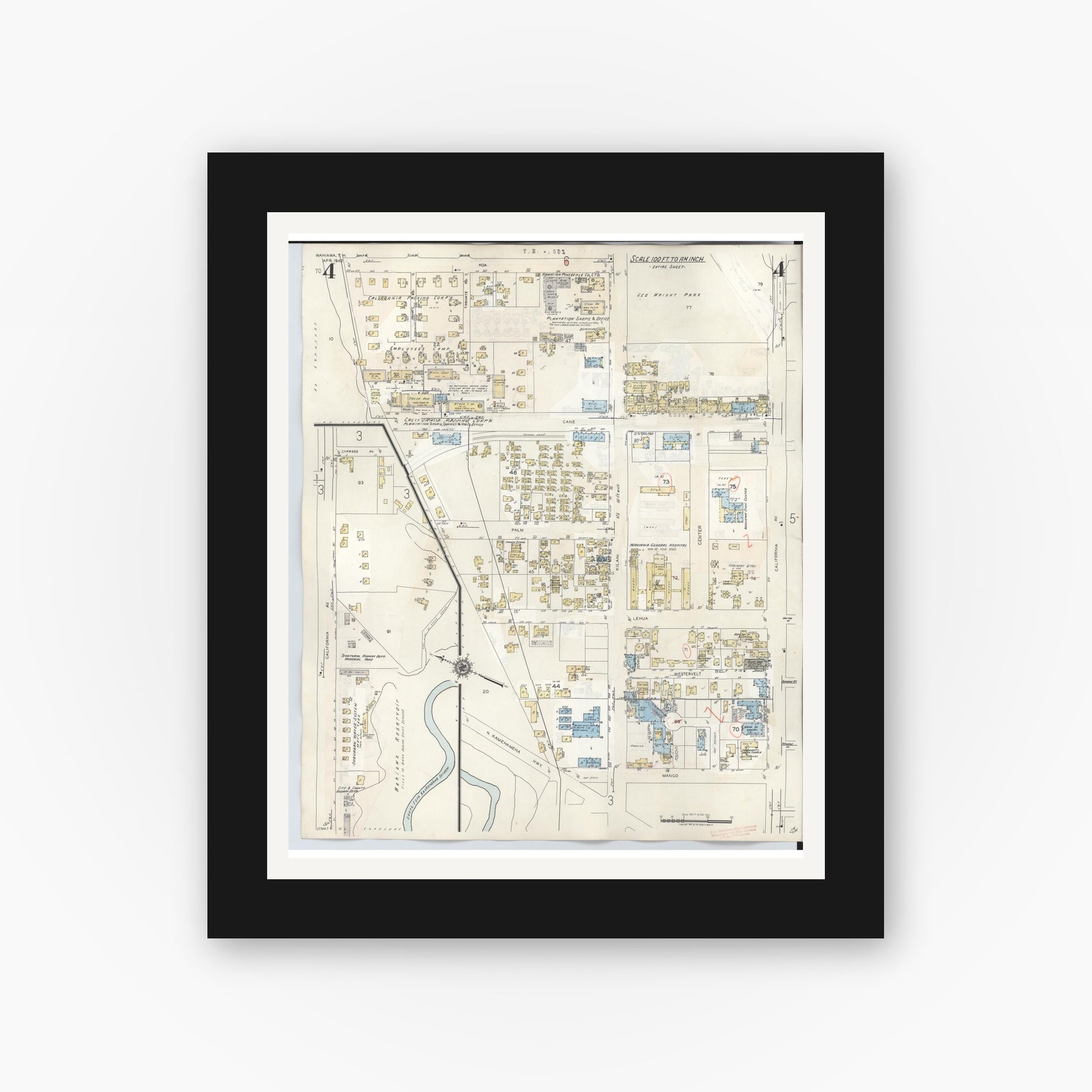 Old map wall art mockup — black gallery frame with white mat — Sanborn Fire Insurance Map from Wahiawa, Honolulu County, Hawaii (1957), Sheet #0004