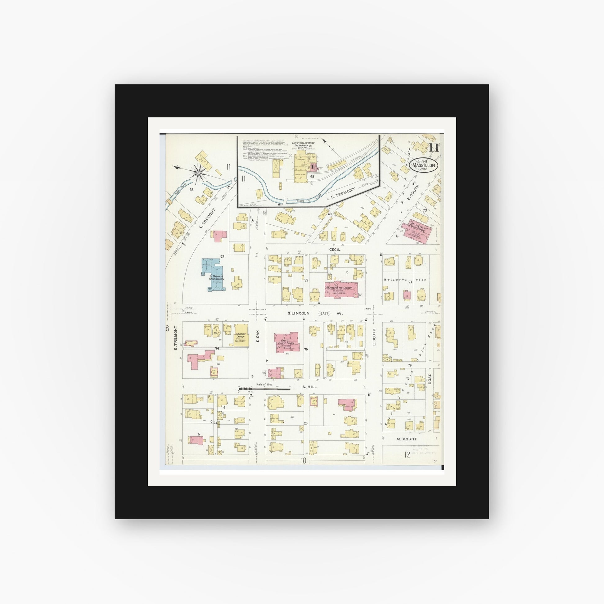 Old map wall art mockup — black gallery frame with white mat — Sanborn Fire Insurance Map from Massillon, Stark County, Ohio (1908), Sheet #0011