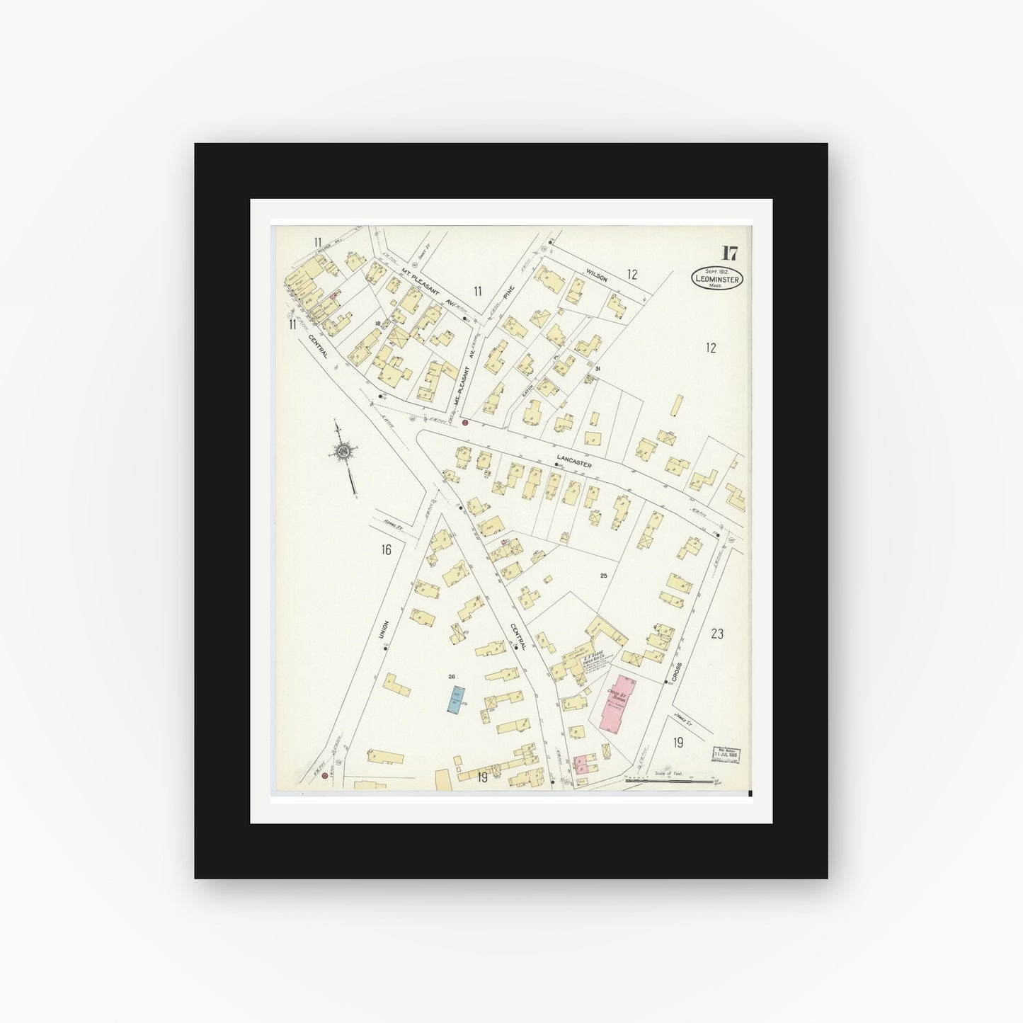 Old map wall art mockup — black gallery frame with white mat — Sanborn Fire Insurance Map from Leominster, Worcester County, Massachusetts (1912), Sheet #0017