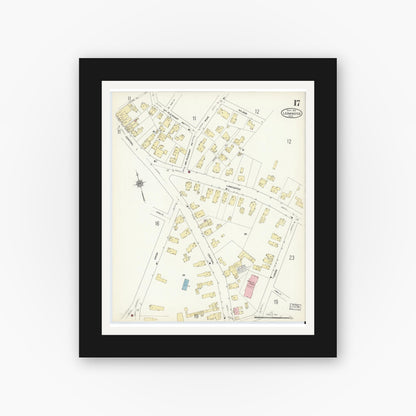 Old map wall art mockup — black gallery frame with white mat — Sanborn Fire Insurance Map from Leominster, Worcester County, Massachusetts (1912), Sheet #0017