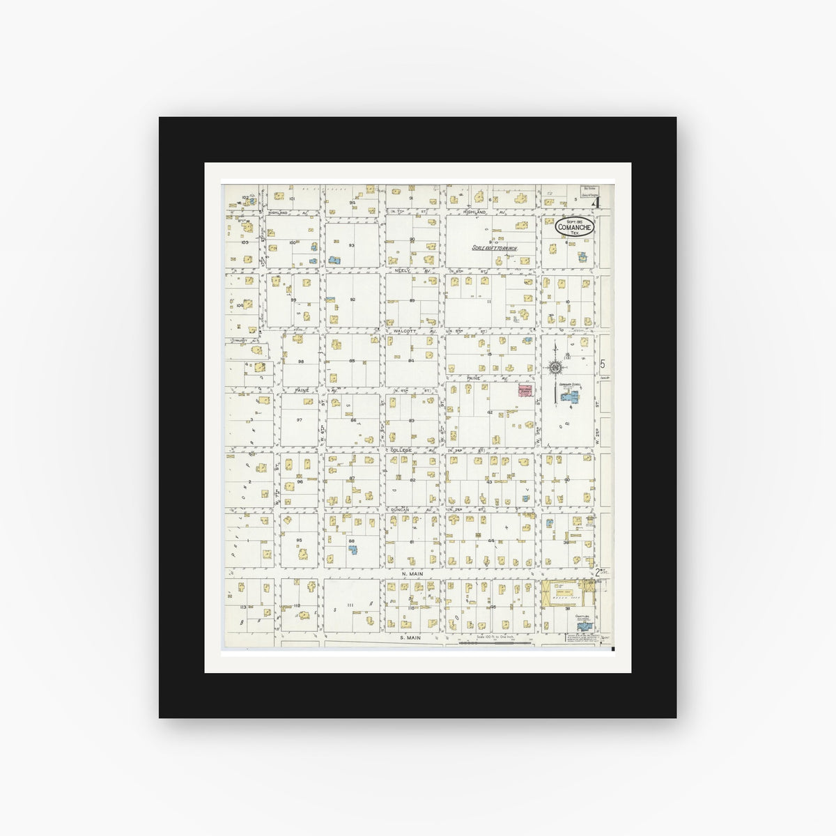 Old map wall art mockup — black gallery frame with white mat — Sanborn Fire Insurance Map from Comanche, Comanche County, Texas (1915), Sheet #0004