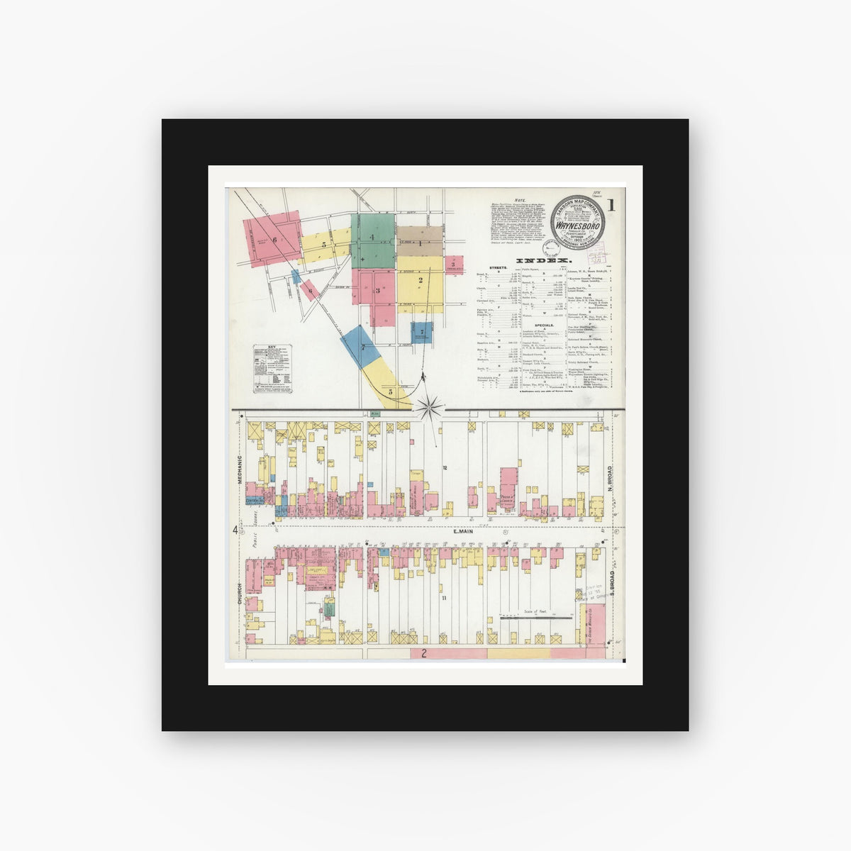 Old map wall art mockup — black gallery frame with white mat — Sanborn Fire Insurance Map from Waynesboro, Franklin County, Pennsylvania (1902), Sheet #0001