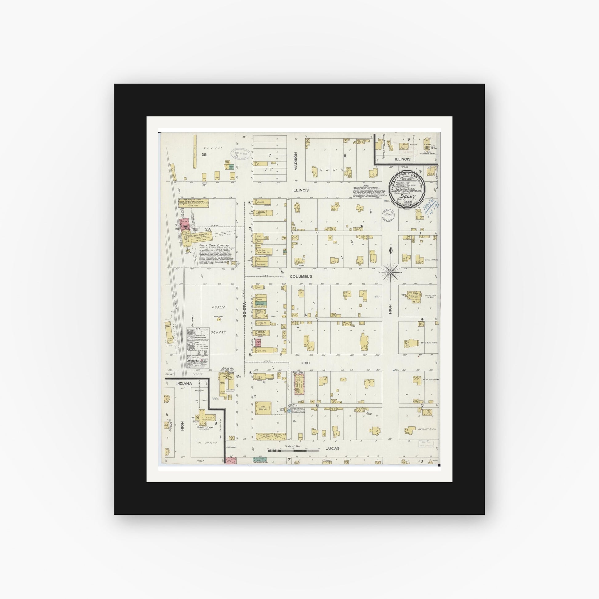 Old map wall art mockup — black gallery frame with white mat — Sanborn Fire Insurance Map from Sibley, Ford County, Illinois (1899), Sheet #0001