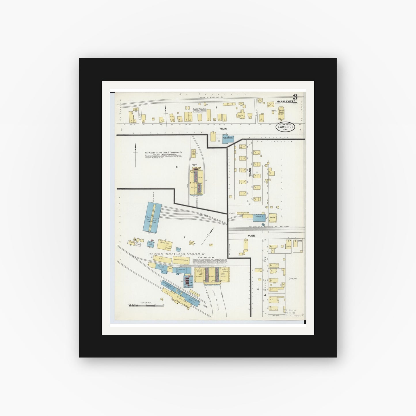 Old map wall art mockup — black gallery frame with white mat — Sanborn Fire Insurance Map from Lakeside, Ottawa County, Ohio (1905), Sheet #0003