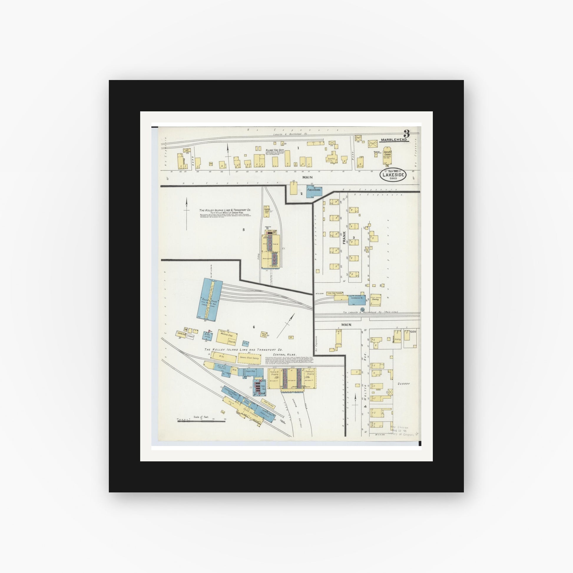 Old map wall art mockup — black gallery frame with white mat — Sanborn Fire Insurance Map from Lakeside, Ottawa County, Ohio (1905), Sheet #0003
