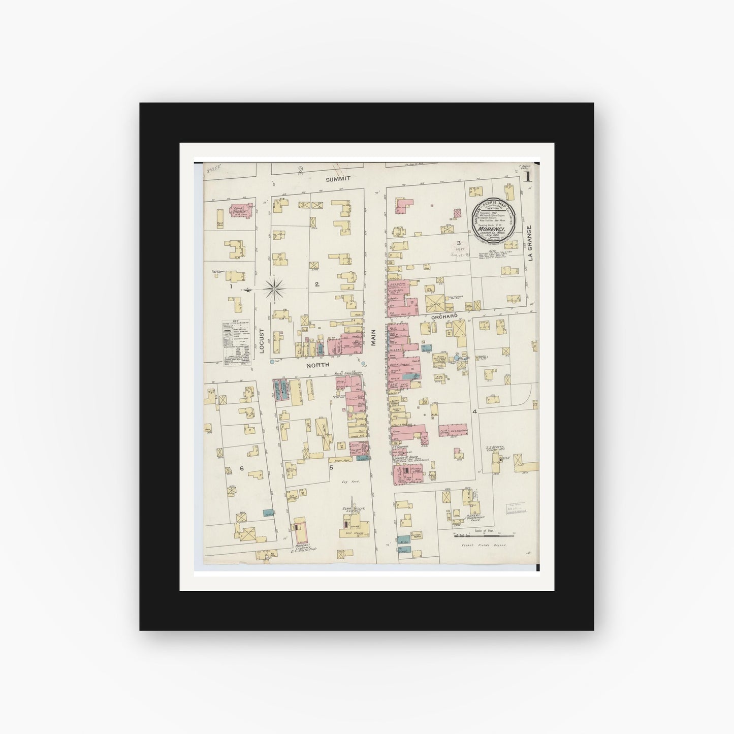 Old map wall art mockup — black gallery frame with white mat — Sanborn Fire Insurance Map from Morenci, Lenawee County, Michigan (1893), Sheet #0001