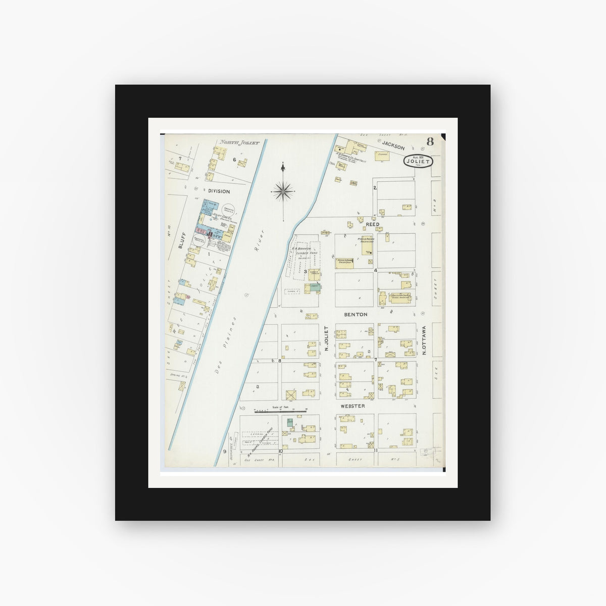 Old map wall art mockup — black gallery frame with white mat — Sanborn Fire Insurance Map from Joliet, Will County, Illinois (1891), Sheet #0008