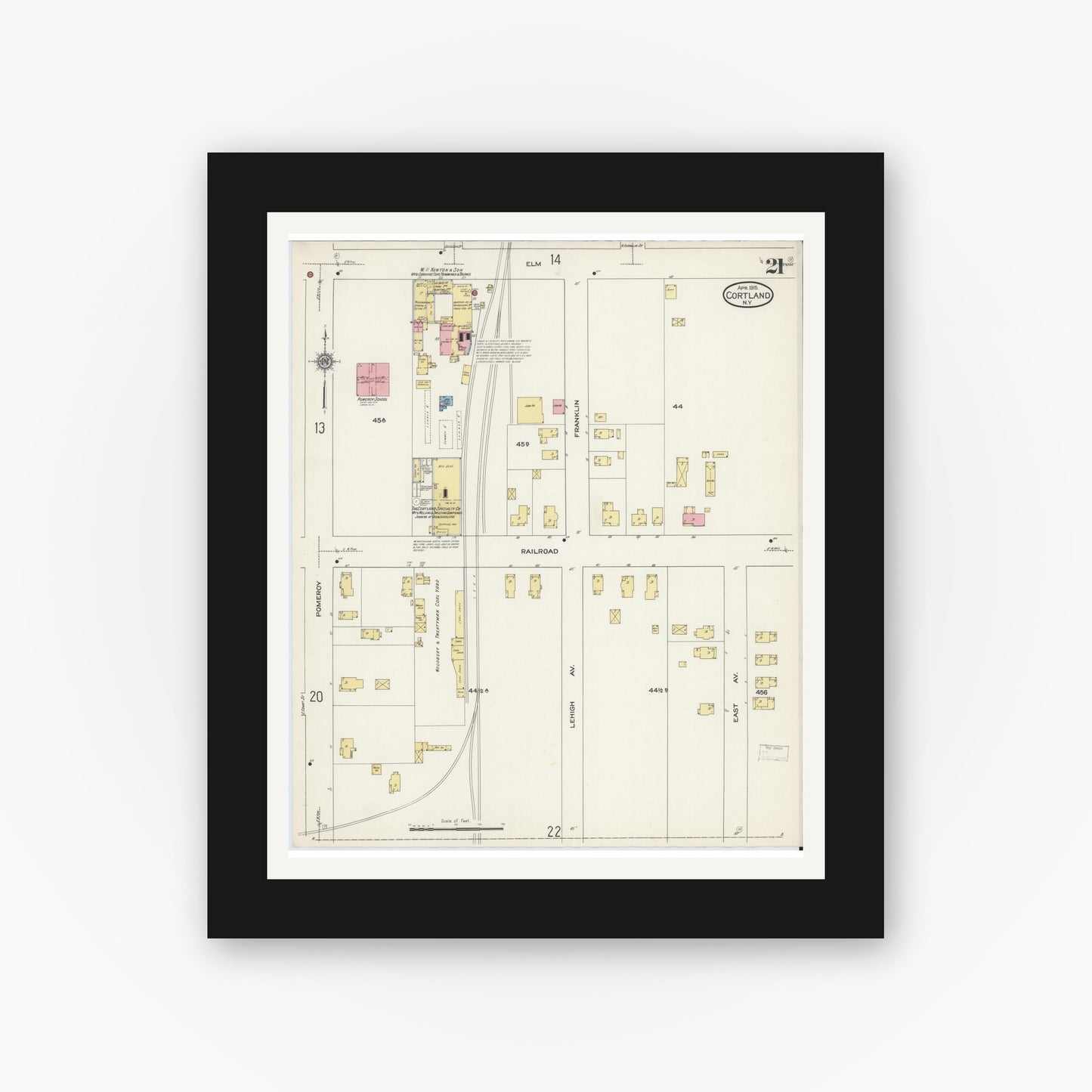 Old map wall art mockup — black gallery frame with white mat — Sanborn Fire Insurance Map from Cortland, Cortland County, New York (1915), Sheet #0021