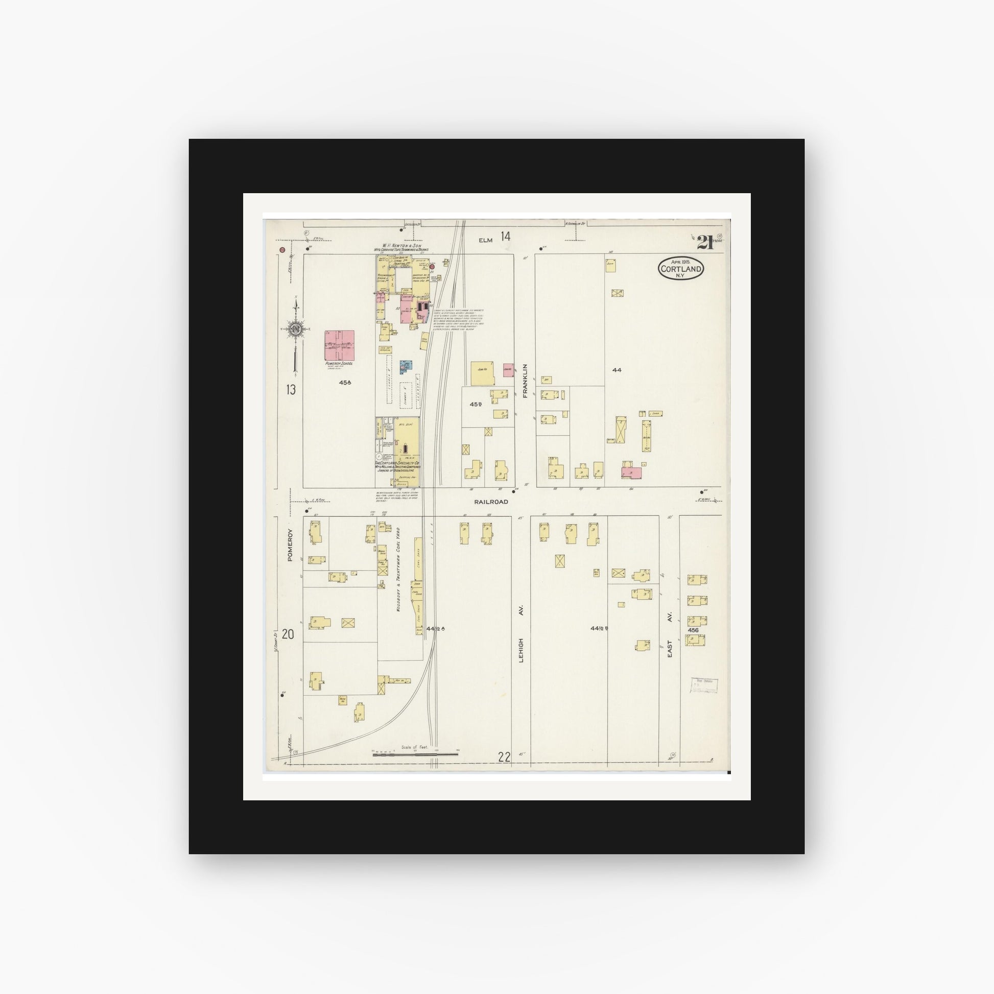 Old map wall art mockup — black gallery frame with white mat — Sanborn Fire Insurance Map from Cortland, Cortland County, New York (1915), Sheet #0021