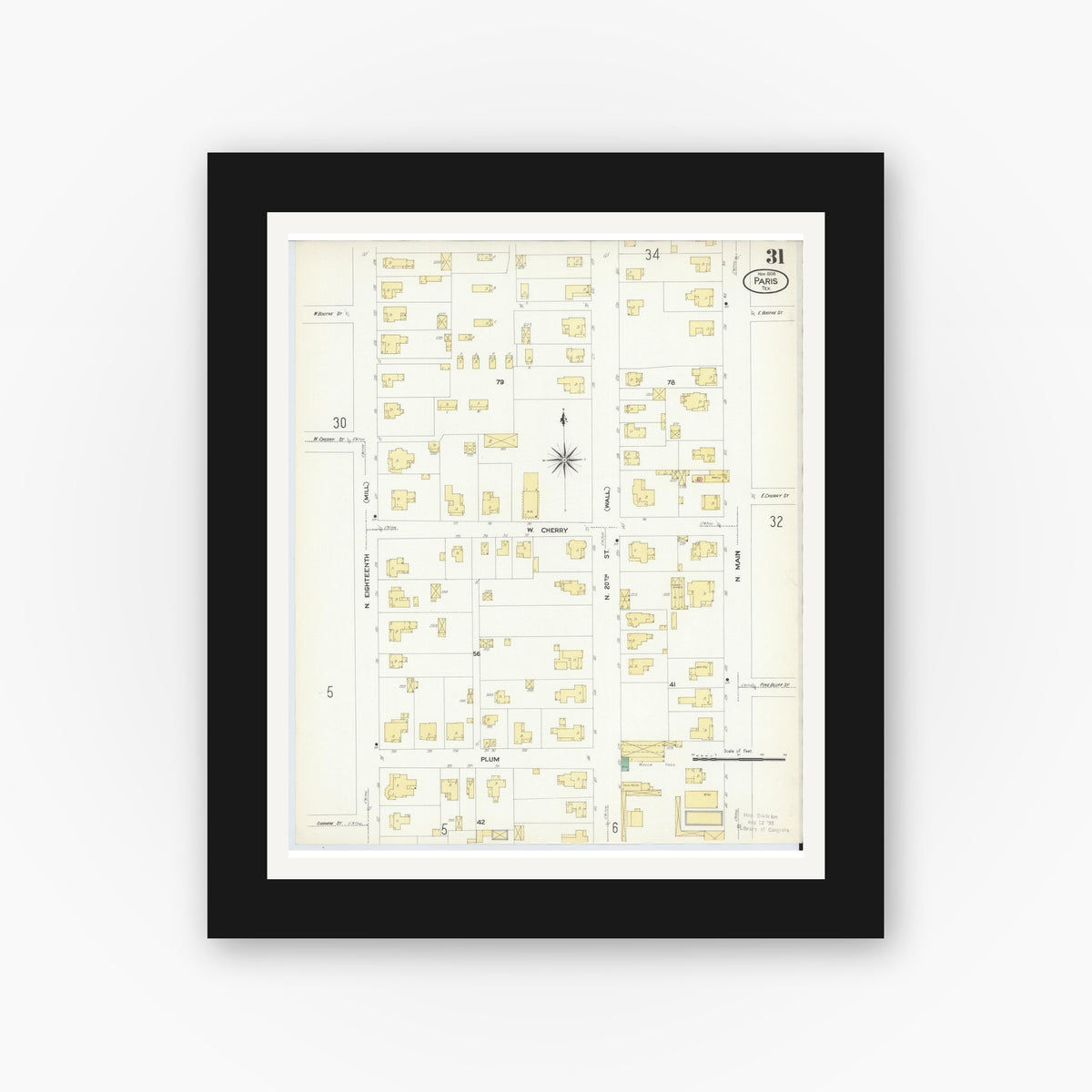 Old map wall art mockup — black gallery frame with white mat — Sanborn Fire Insurance Map from Paris, Lamar County, Texas (1908), Sheet #0031