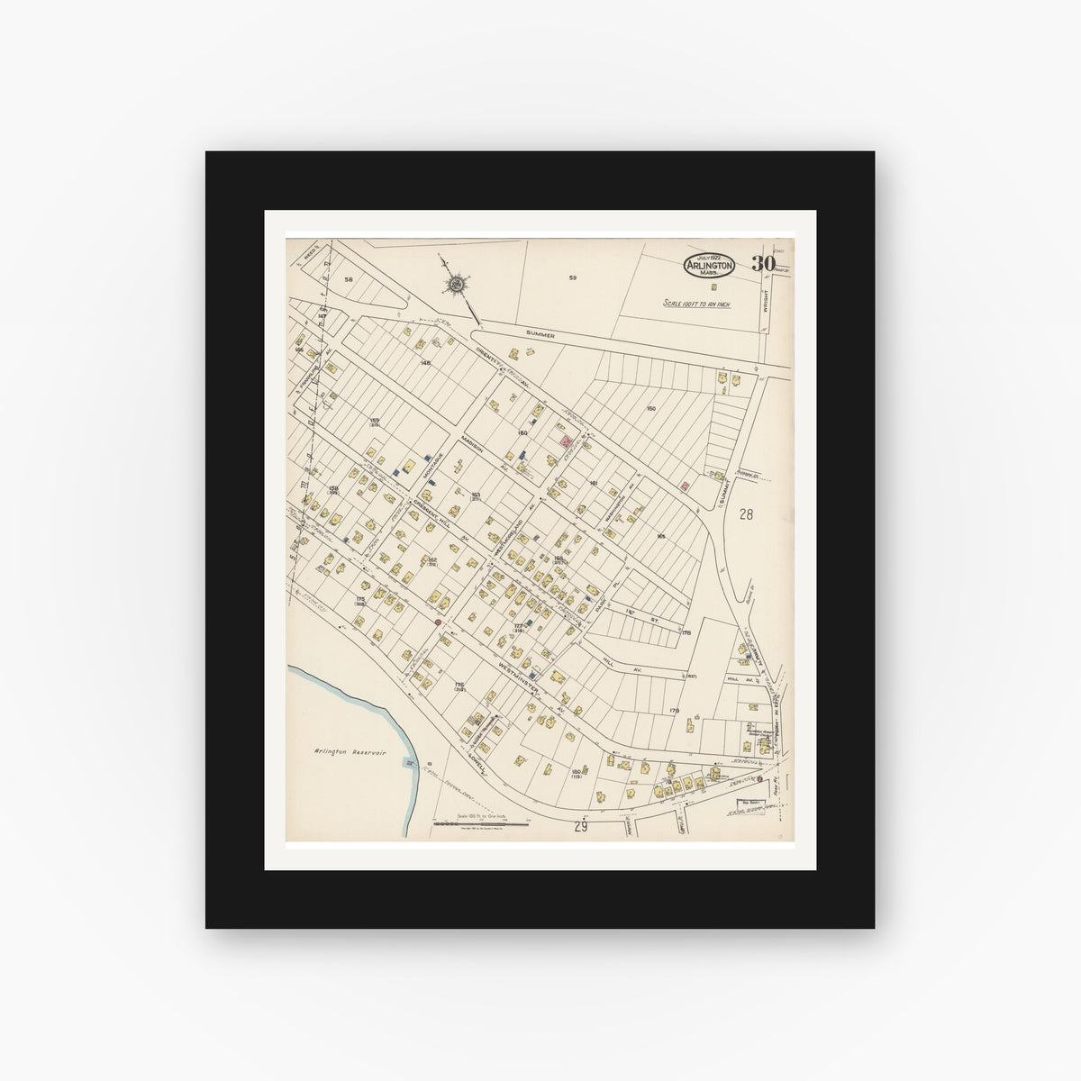 Old map wall art mockup — black gallery frame with white mat — Sanborn Fire Insurance Map from Arlington, Middlesex County, Massachusetts (1922), Sheet #0030