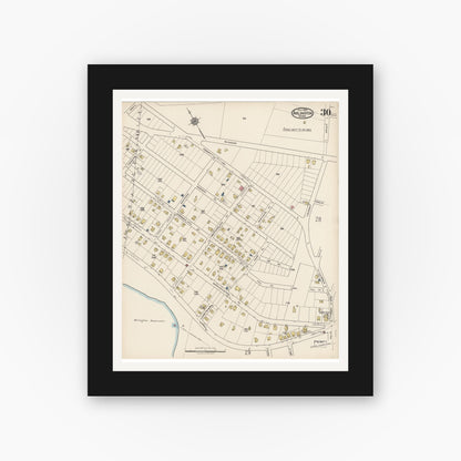 Old map wall art mockup — black gallery frame with white mat — Sanborn Fire Insurance Map from Arlington, Middlesex County, Massachusetts (1922), Sheet #0030