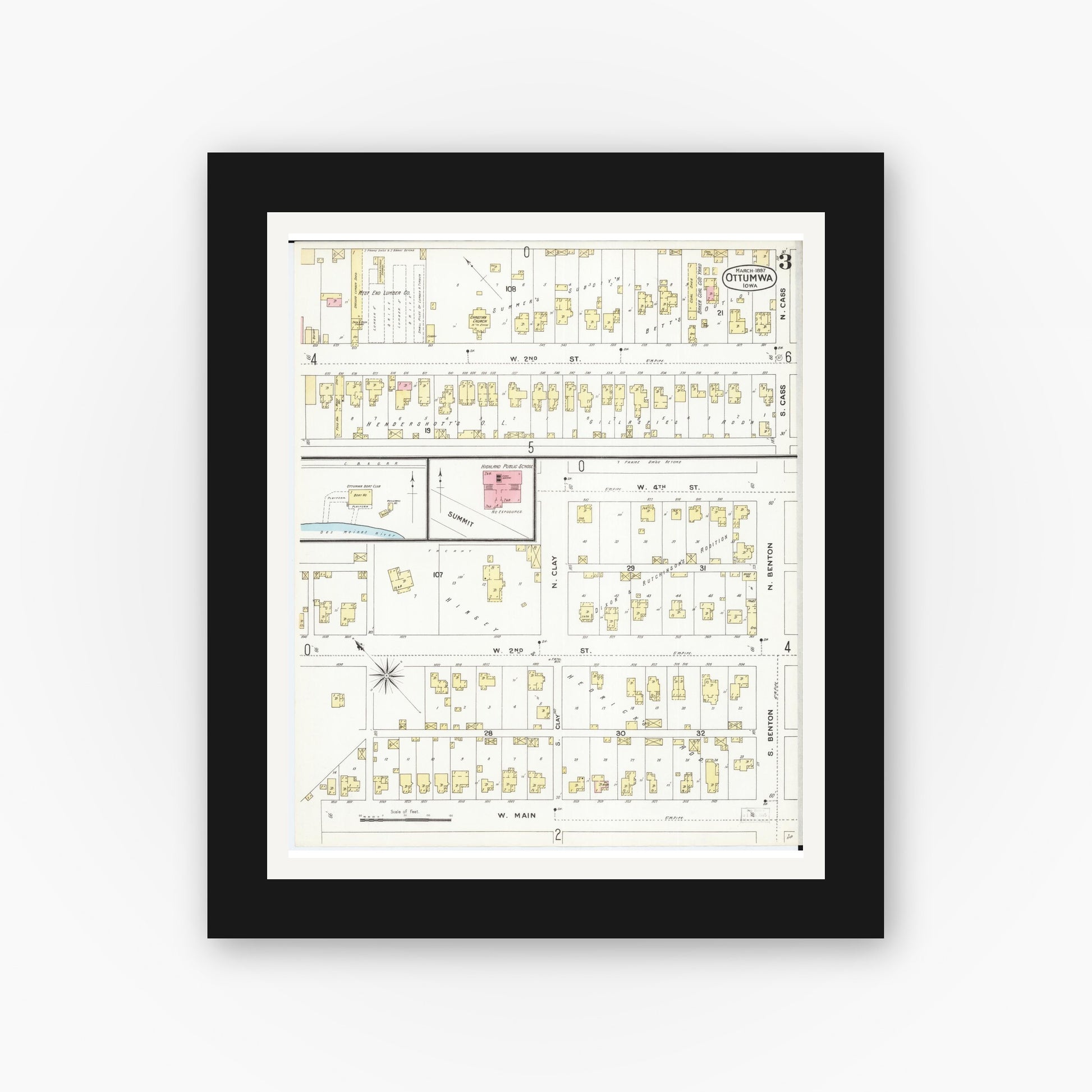 Old map wall art mockup — black gallery frame with white mat — Sanborn Fire Insurance Map from Ottumwa, Wapello County, Iowa (1897), Sheet #0003