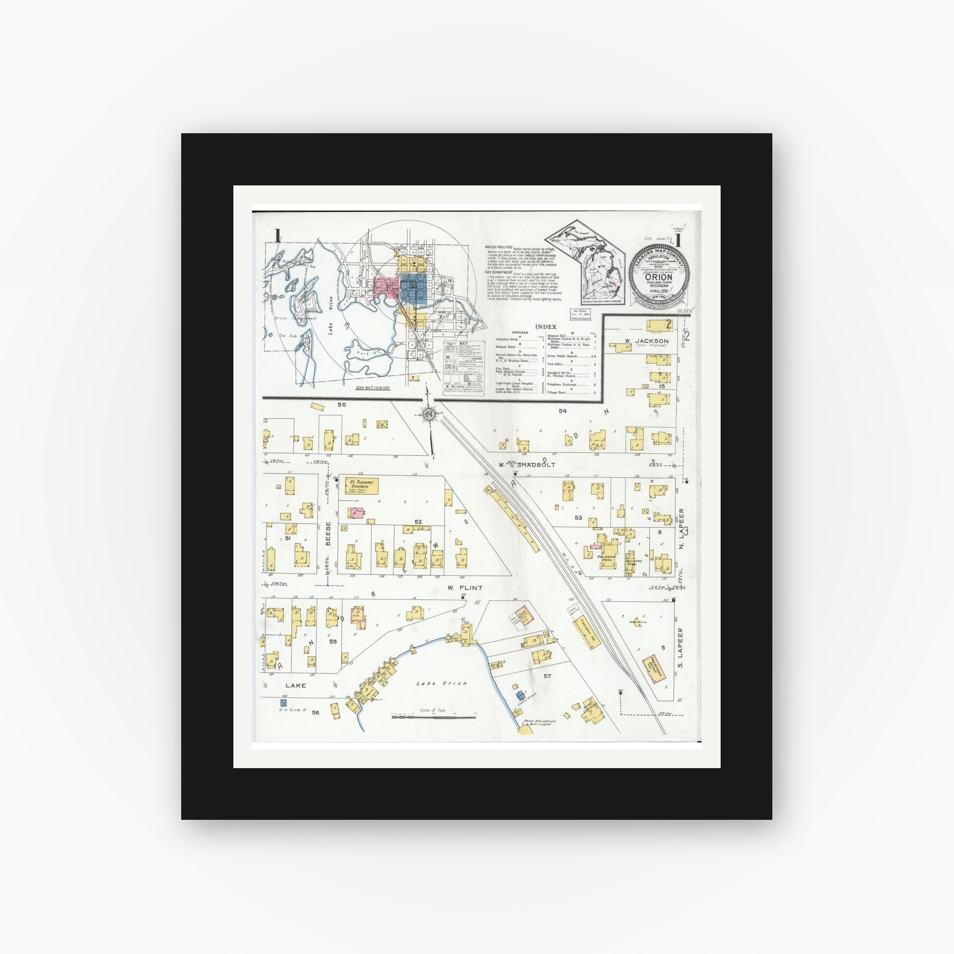 Old map wall art mockup — black gallery frame with white mat — Sanborn Fire Insurance Map from Orion, Oakland County, Michigan (1926) - Complete Map Set