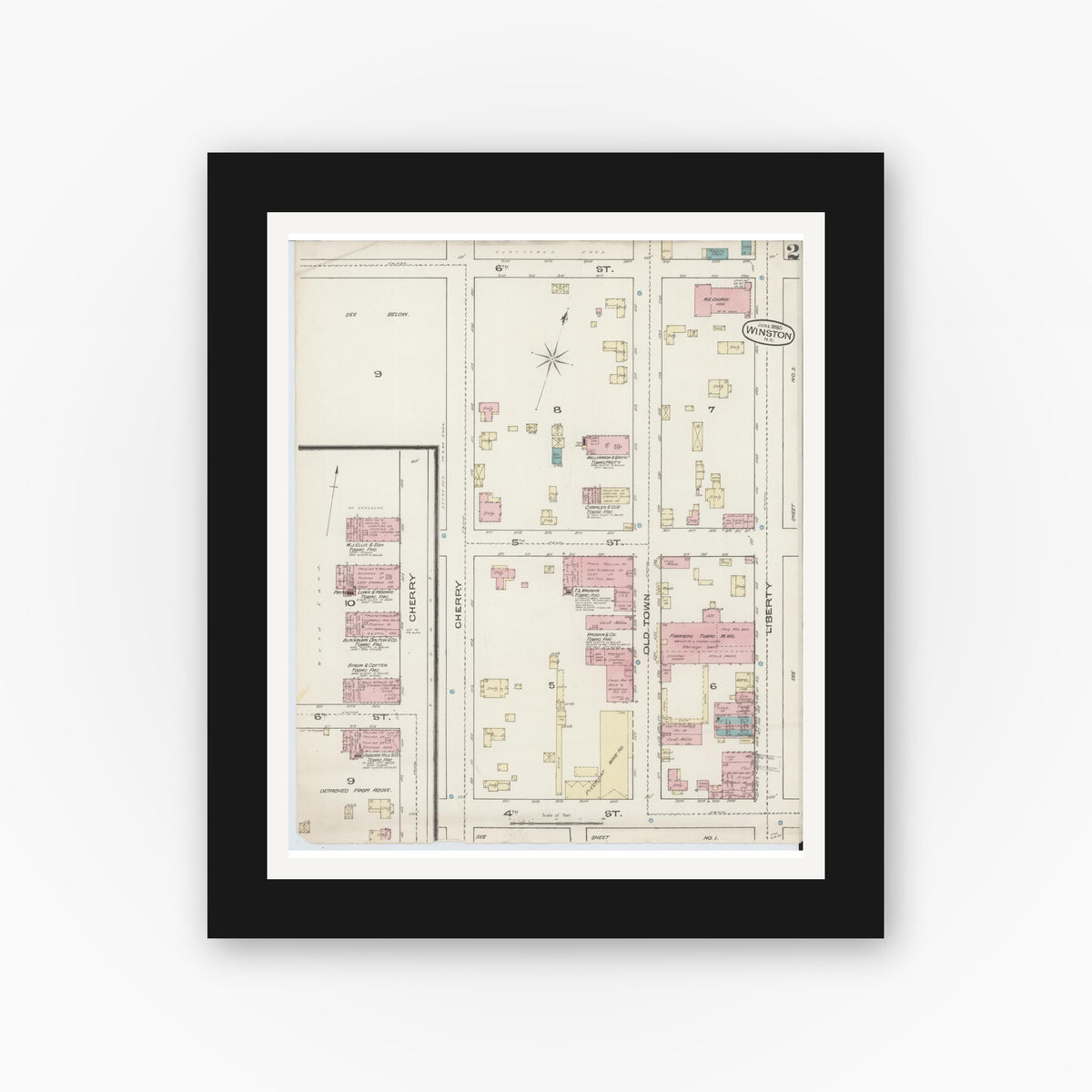 Old map wall art mockup — black gallery frame with white mat — Sanborn Fire Insurance Map from Winston-Salem, Forsyth County, North Carolina (1885), Sheet #0002