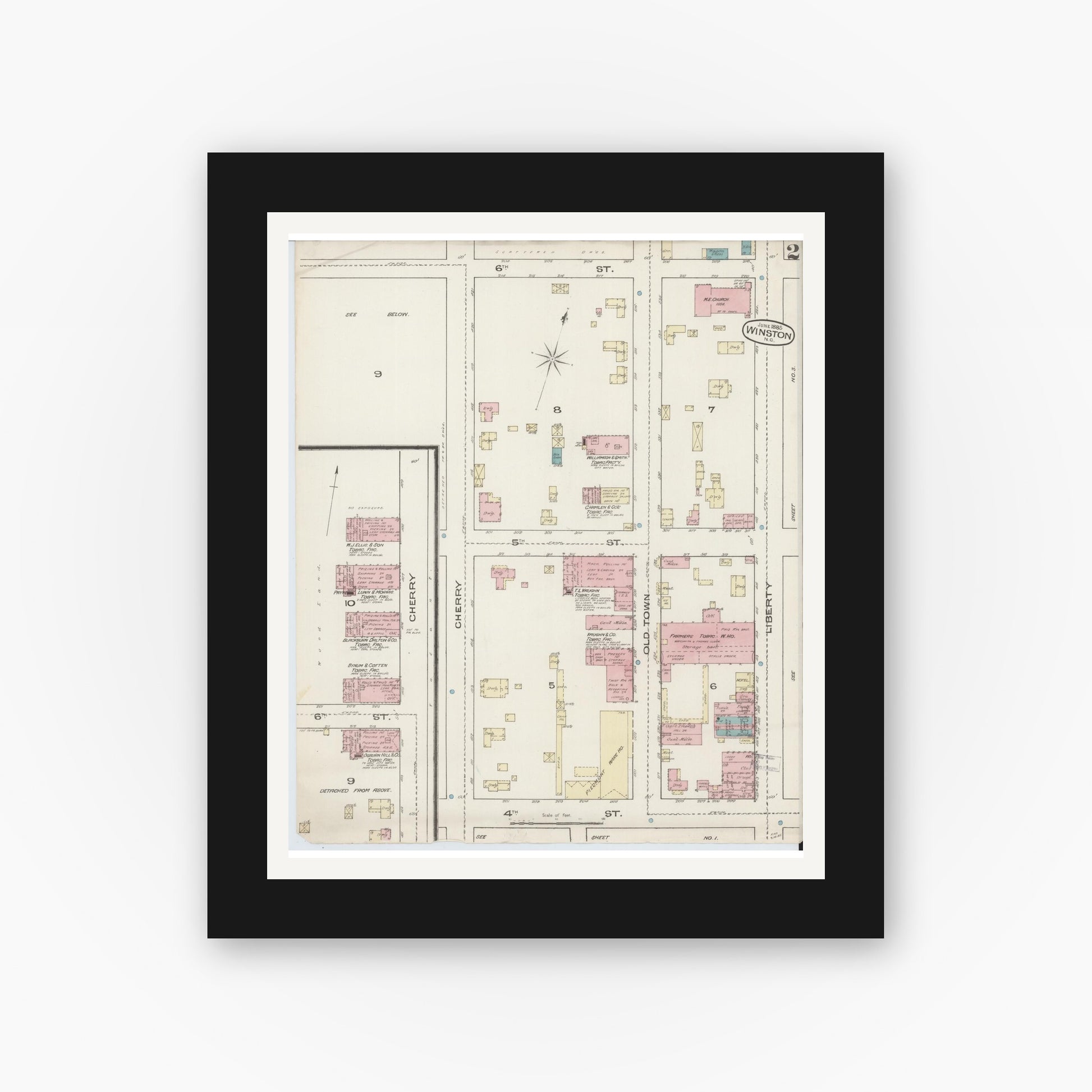 Old map wall art mockup — black gallery frame with white mat — Sanborn Fire Insurance Map from Winston-Salem, Forsyth County, North Carolina (1885), Sheet #0002