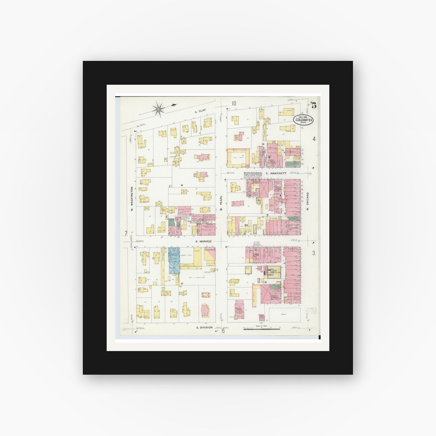 Old map wall art mockup — black gallery frame with white mat — Sanborn Fire Insurance Map from Coldwater, Branch County, Michigan (1908), Sheet #0005