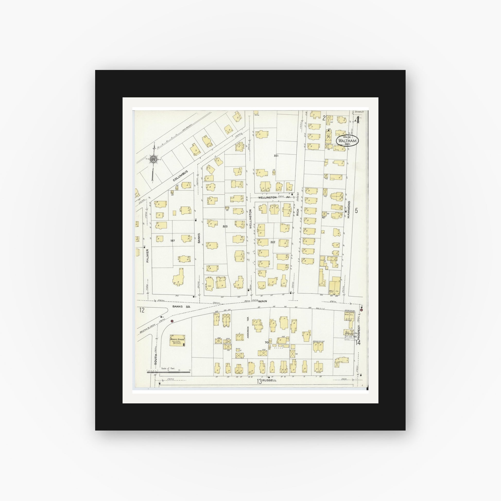 Old map wall art mockup — black gallery frame with white mat — Sanborn Fire Insurance Map from Waltham, Middlesex County, Massachusetts (1911), Sheet #0004