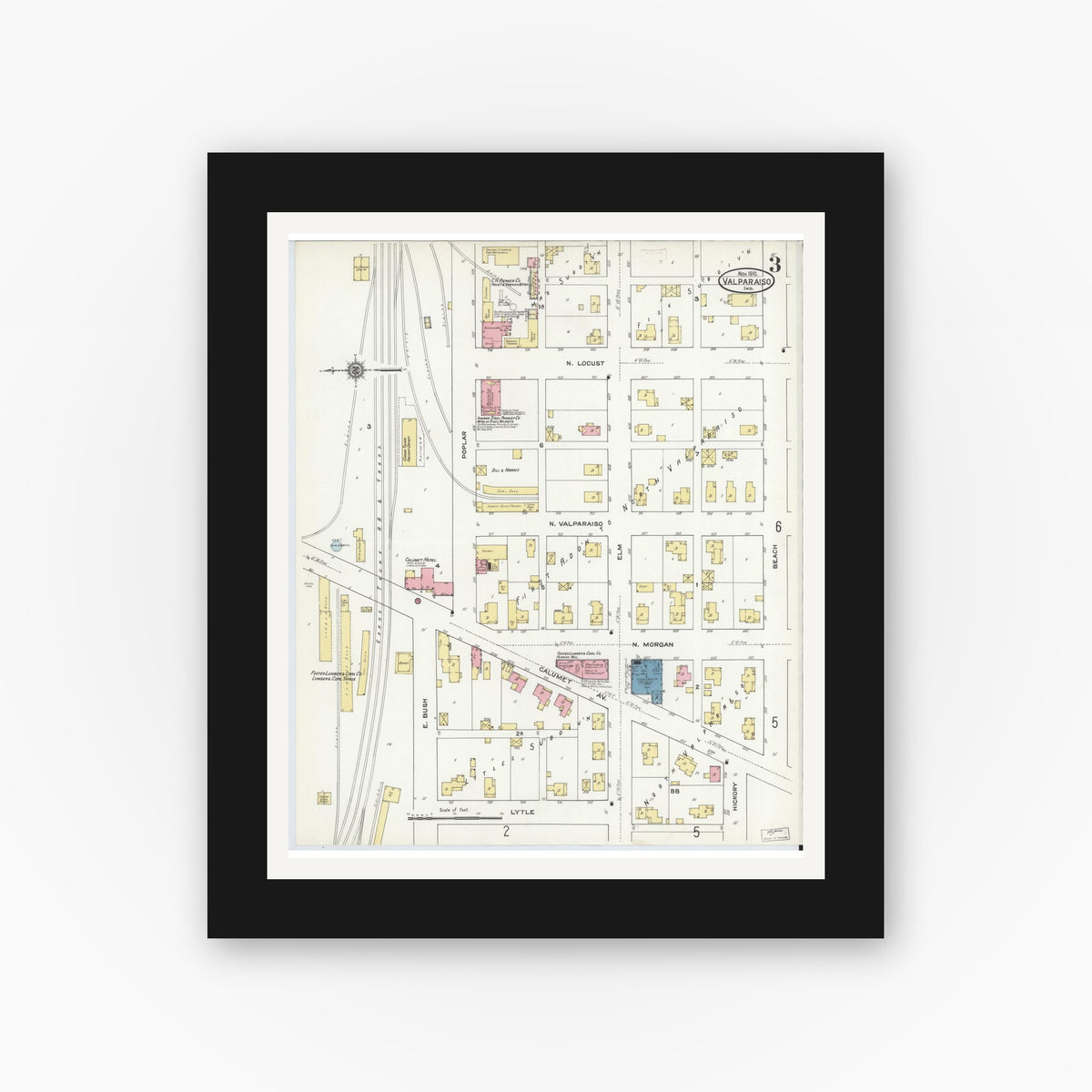 Old map wall art mockup — black gallery frame with white mat — Sanborn Fire Insurance Map from Valparaiso, Porter County, Indiana (1910), Sheet #0003