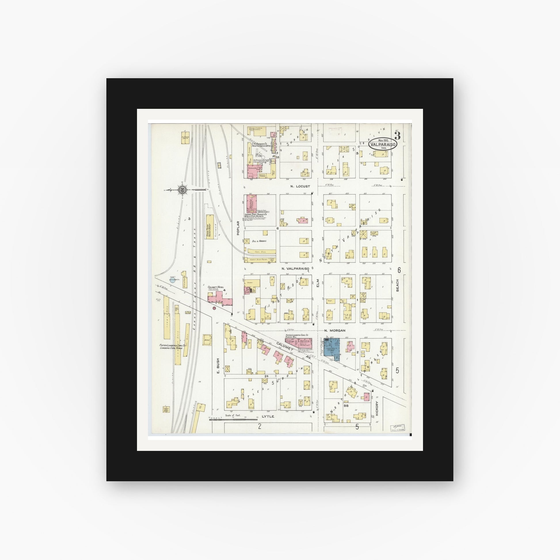 Old map wall art mockup — black gallery frame with white mat — Sanborn Fire Insurance Map from Valparaiso, Porter County, Indiana (1910), Sheet #0003