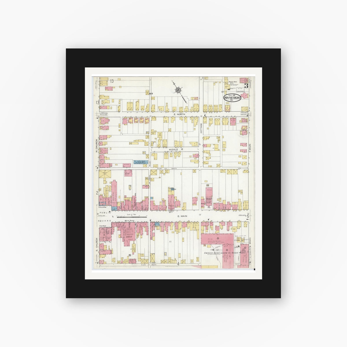 Old map wall art mockup — black gallery frame with white mat — Sanborn Fire Insurance Map from Waynesboro, Franklin County, Pennsylvania (1916), Sheet #0003