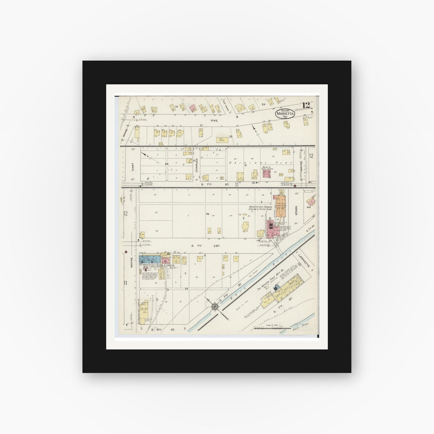 Old map wall art mockup — black gallery frame with white mat — Sanborn Fire Insurance Map from Marietta, Washington County, Ohio (1915), Sheet #0012