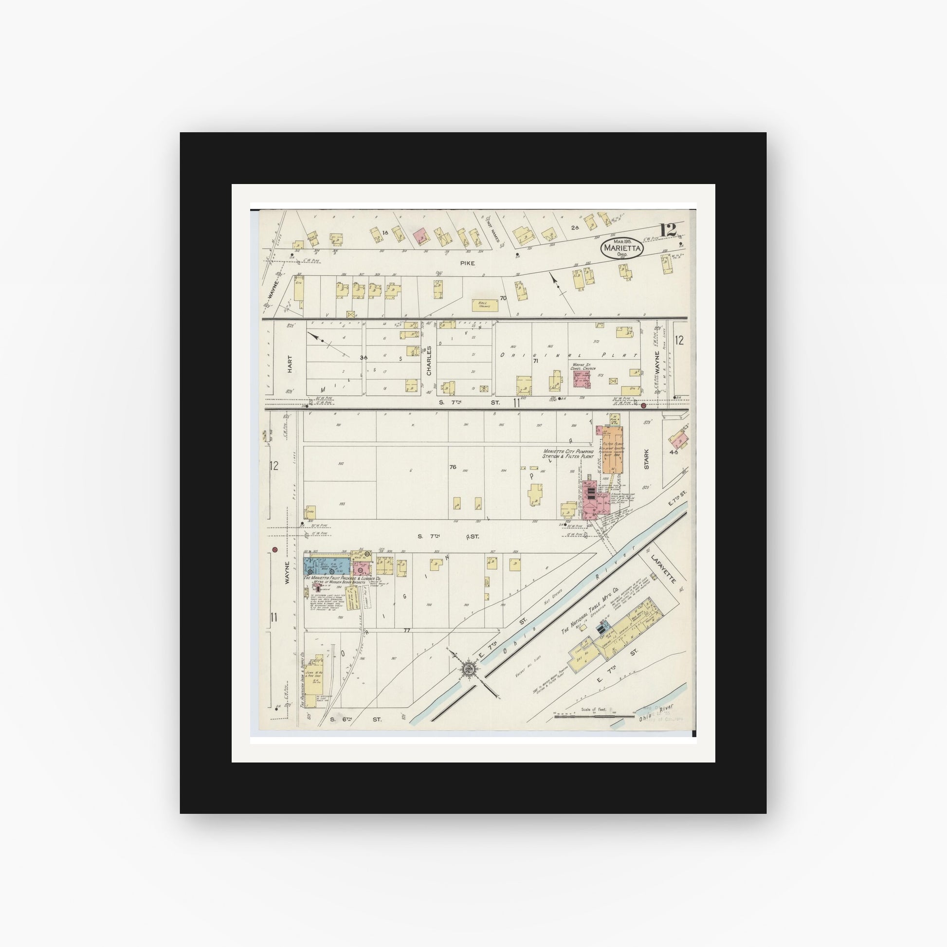 Old map wall art mockup — black gallery frame with white mat — Sanborn Fire Insurance Map from Marietta, Washington County, Ohio (1915), Sheet #0012