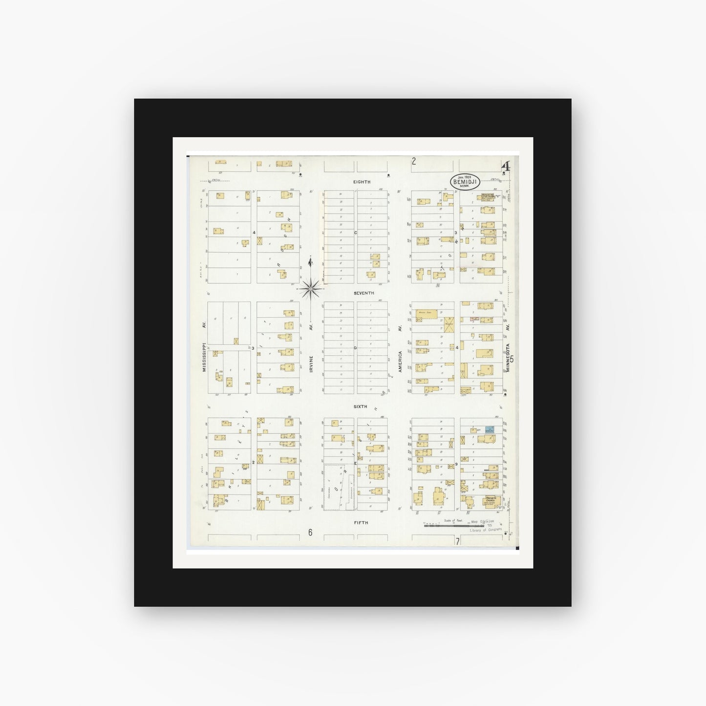 Old map wall art mockup — black gallery frame with white mat — Sanborn Fire Insurance Map from Bemidji, Beltrami County, Minnesota (1909), Sheet #0004