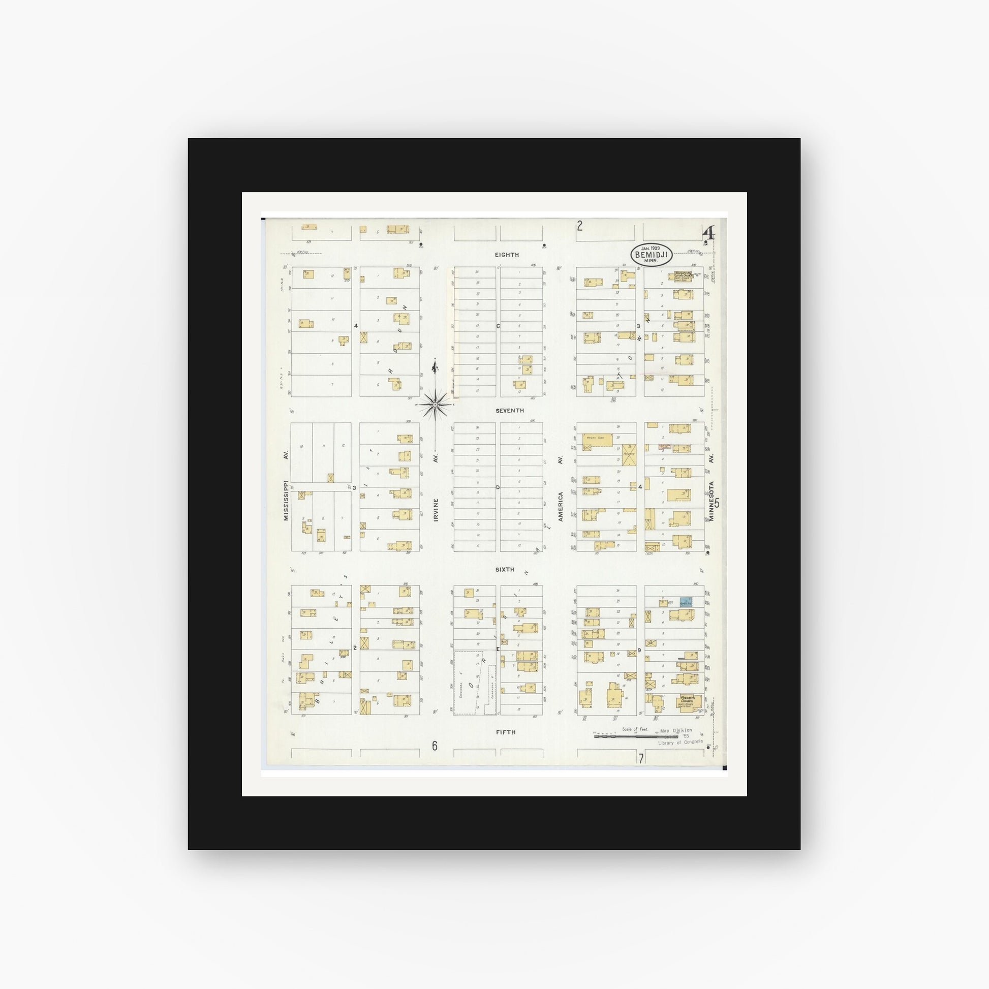 Old map wall art mockup — black gallery frame with white mat — Sanborn Fire Insurance Map from Bemidji, Beltrami County, Minnesota (1909), Sheet #0004