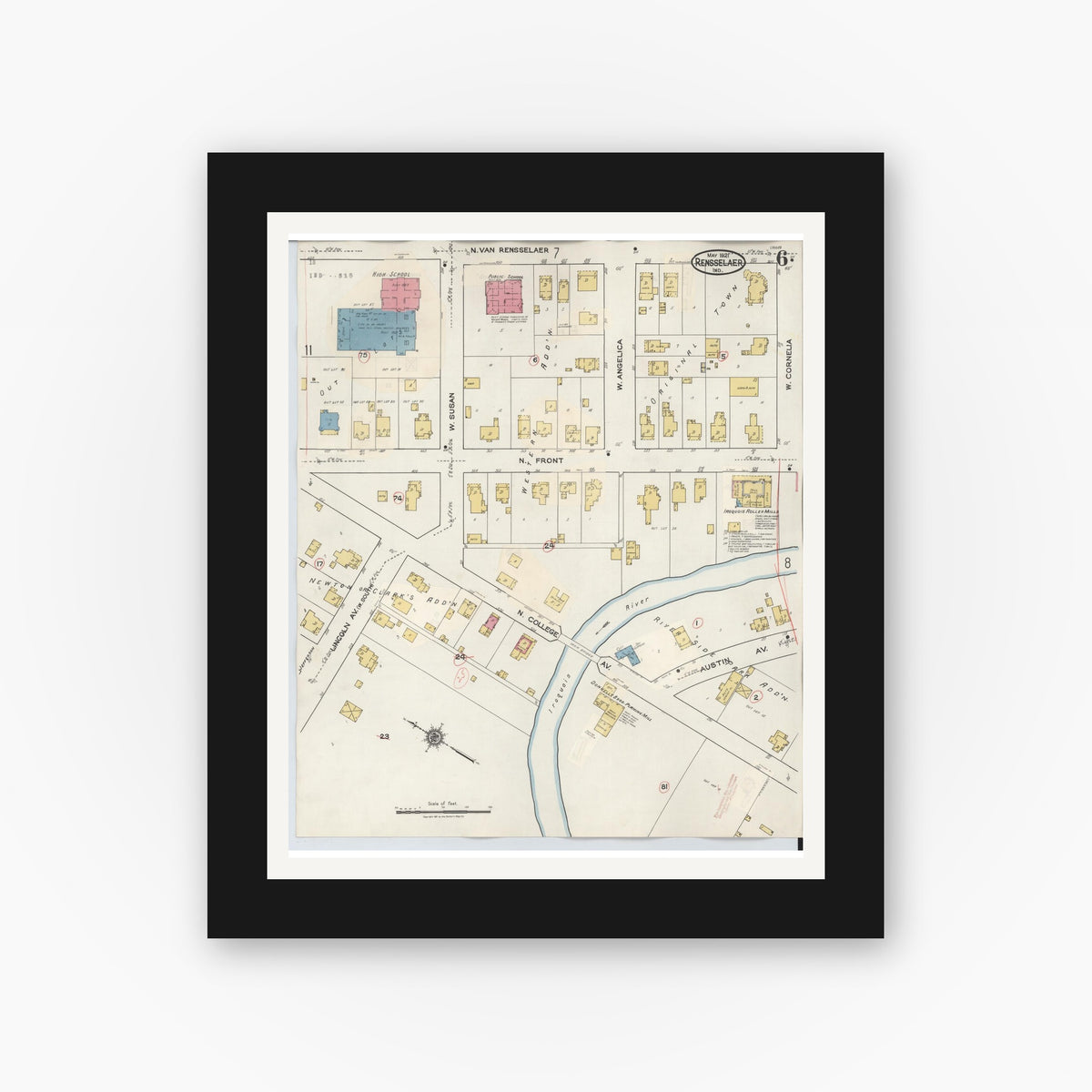 Old map wall art mockup — black gallery frame with white mat — Sanborn Fire Insurance Map from Rensselaer, Jasper County, Indiana (1942), Sheet #0006