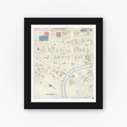 Old map wall art mockup — black gallery frame with white mat — Sanborn Fire Insurance Map from Rensselaer, Jasper County, Indiana (1942), Sheet #0006
