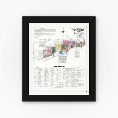 Old map wall art mockup — black gallery frame with white mat — Sanborn Fire Insurance Map from Fort Madison, Lee County, Iowa (1919) â€” Complete Set