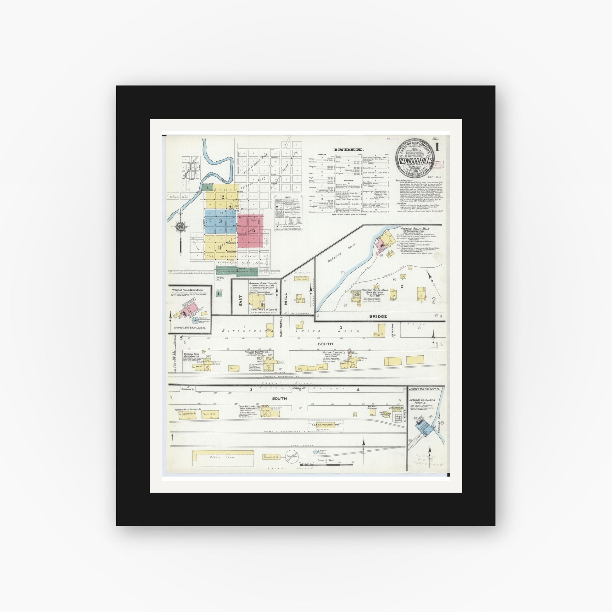 Old map wall art mockup — black gallery frame with white mat — Sanborn Fire Insurance Map from Redwood Falls, Redwood County, Minnesota (1909) - Complete Map Set