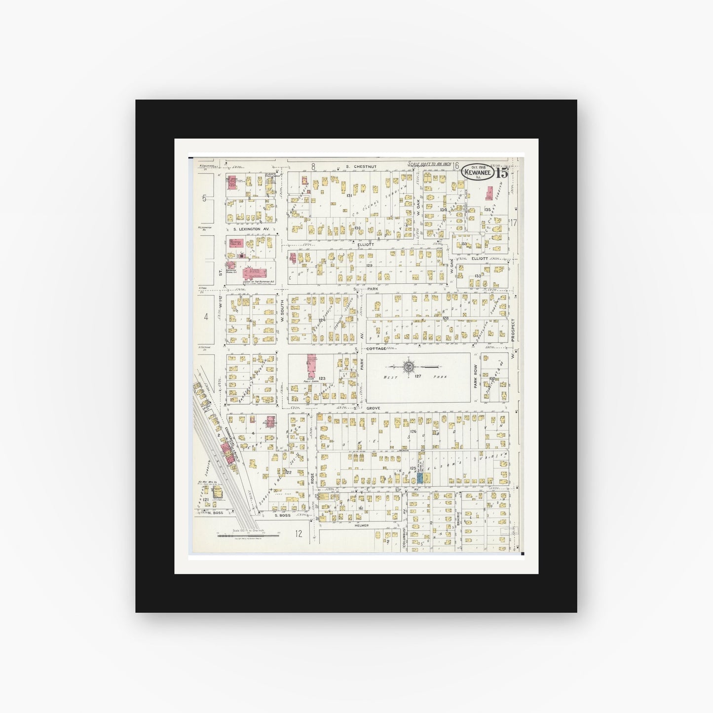 Old map wall art mockup — black gallery frame with white mat — Sanborn Fire Insurance Map from Kewanee, Henry County, Illinois (1918), Sheet #0015