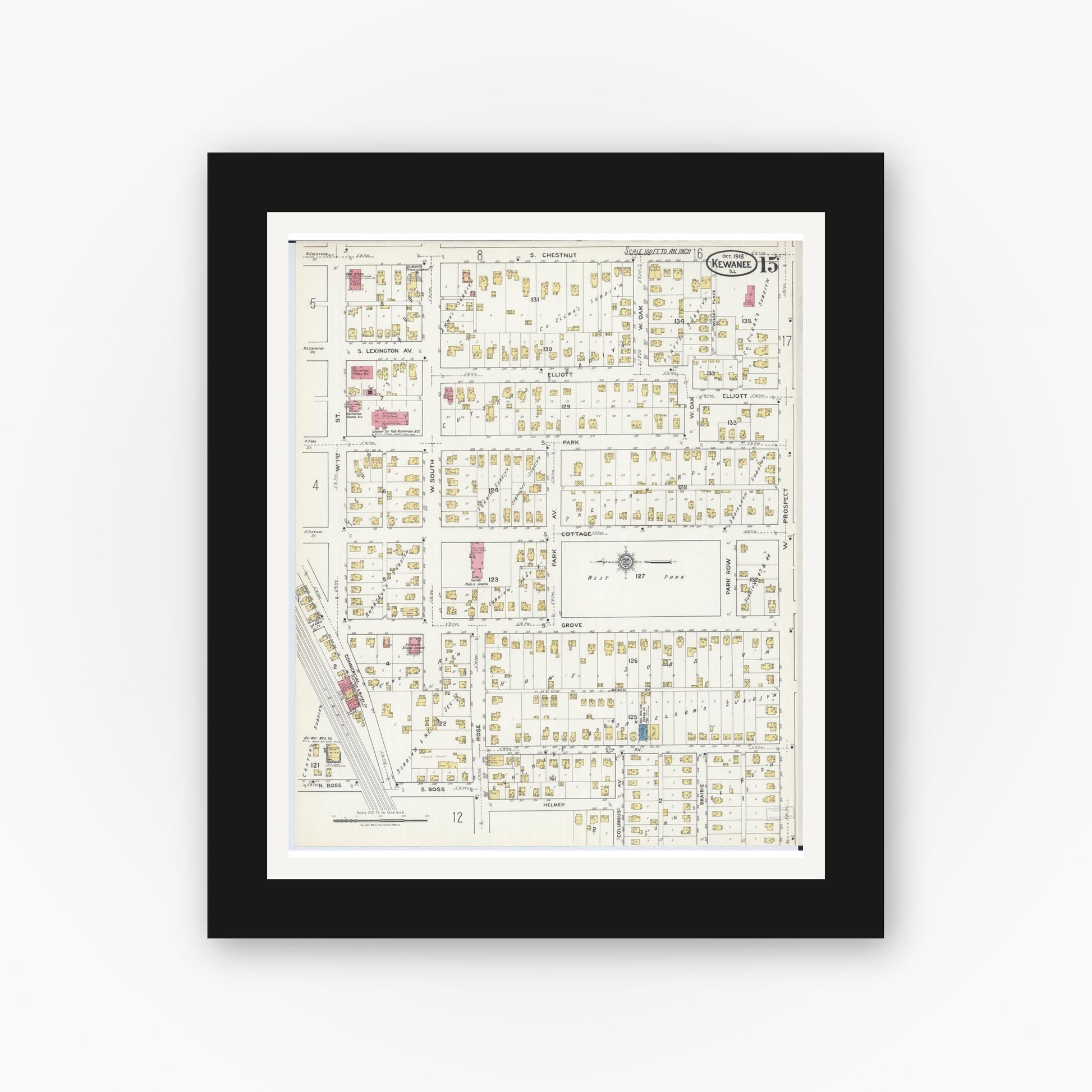 Old map wall art mockup — black gallery frame with white mat — Sanborn Fire Insurance Map from Kewanee, Henry County, Illinois (1918), Sheet #0015