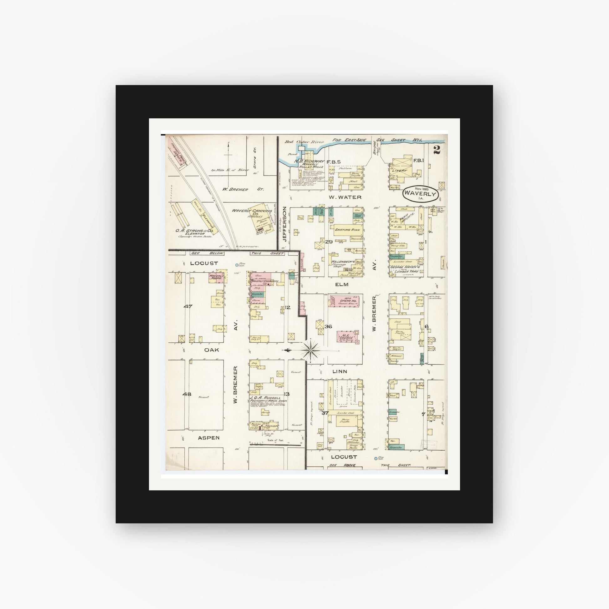 Old map wall art mockup — black gallery frame with white mat — Sanborn Fire Insurance Map from Waverly, Bremer County, Iowa (1885), Sheet #0002