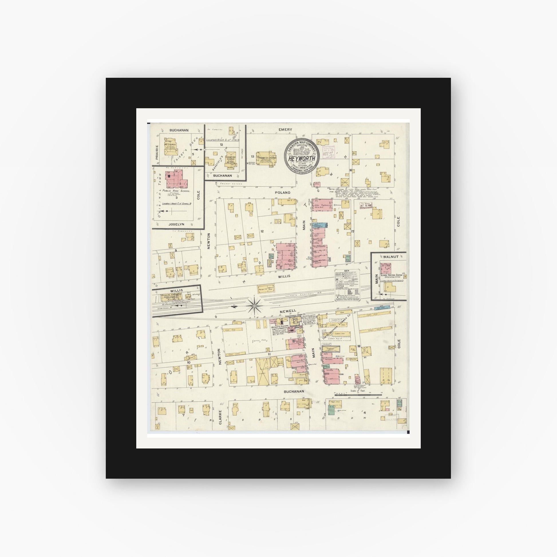 Old map wall art mockup — black gallery frame with white mat — Sanborn Fire Insurance Map from Heyworth, McLean County, Illinois (1908), Sheet #0001