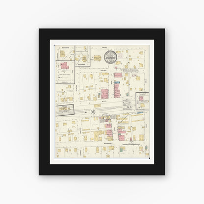 Old map wall art mockup — black gallery frame with white mat — Sanborn Fire Insurance Map from Heyworth, McLean County, Illinois (1908), Sheet #0001