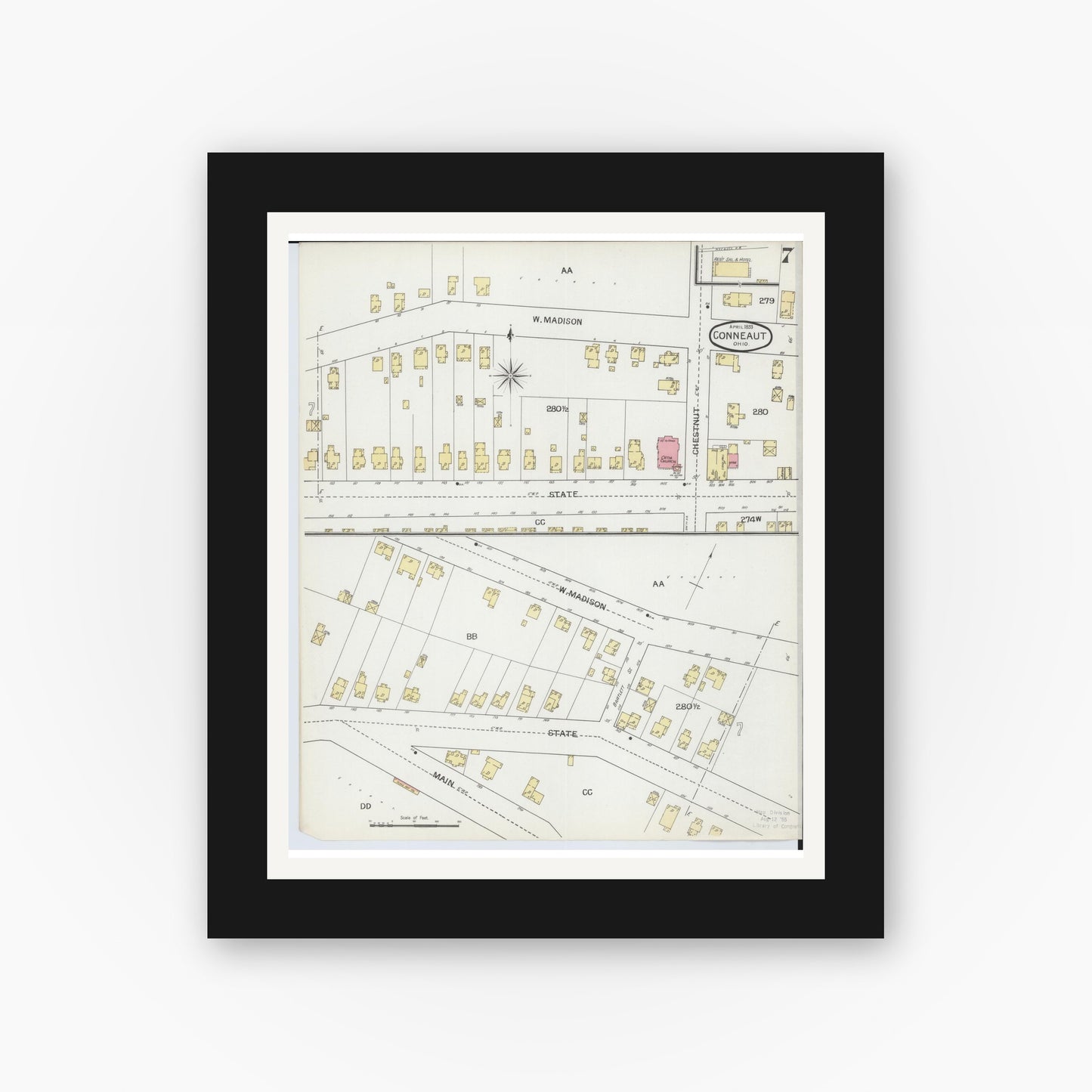 Old map wall art mockup — black gallery frame with white mat — Sanborn Fire Insurance Map from Conneaut, Ashtabula County, Ohio (1893), Sheet #0007